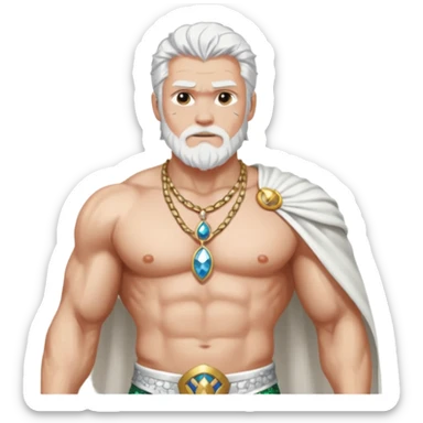 Odin with white hair, white sequin loincloth, shirtless with necklace sticker