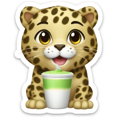 leopard cub with matcha latte  sticker