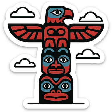 minimalist logo for Totemism inspired by traditional totem poles, stylized eagle and stacked animal shapes, geometric lines and bold tribal patterns in red black white and blue, simple modern design suitable for branding honoring indigenous heritage sticker