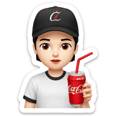 generate a pretty bratz boy with a nike black baseball cap, a white tshirt and drinking coke , black hair sticker