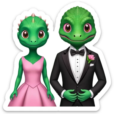 Lizard wears a cute pink dress with her lizard man wears tux sticker