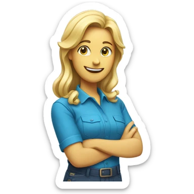 happy Female with blonde hair standing sideways wearing a bright blue shirt holding a screwdriver in hand sticker