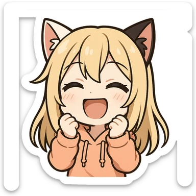 chibi anime catgirl with one white cat ear and one black cat ear, longer blonde hair, blue eyes, white skin, peach colored hoodie, cute, laughing expression, twitch emote style, no background sticker