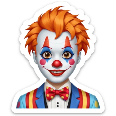 Orange hair styled in upward tufts.

White face paint, red nose, red lips, and thin black eyebrows.

Wearing a colorful patchwork clown suit with a big blue bow tie.

Happy, cheerful smile. sticker