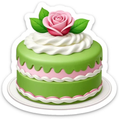 prinsesstårta cake with green marzipan on top, with a pink marzipan rose on top. Whipped cream, vanilla cream and strawberry jam inside sticker