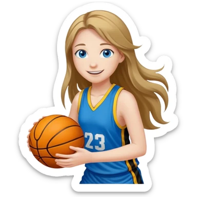 smiling girl with blue eyes and long hair playing basketball with black and yellow jersey sticker