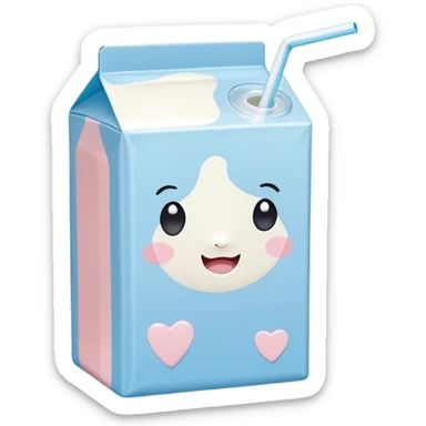 Cute Kawaii Milk Carton, small and boxy, bright pastel blue and white, blushing cheeks, a tiny straw poking out, soft glowing highlights, adorable farm-fresh cuteness! sticker