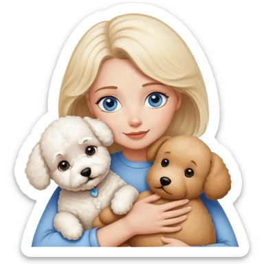 Blonde blue-eyed mother hugs two dogs, a Bichon Frise and a Teddy sticker