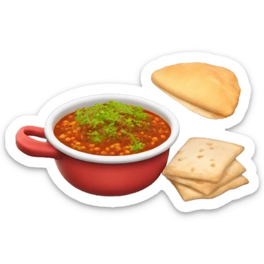 A red gravy containing sprouts called misal with 2 bread and a papad sticker