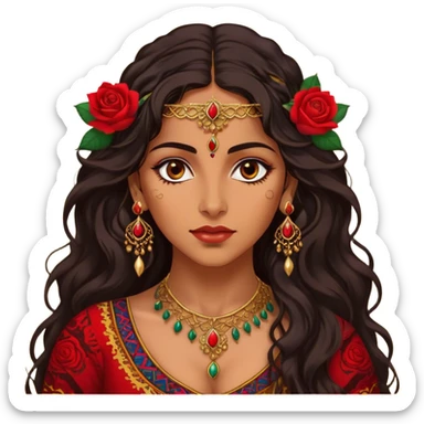 A beautiful Romani woman with deep, expressive eyes and long, wavy dark hair. She wears a vibrant, traditional outfit with intricate patterns and golden jewelry. A red rose is tucked behind her ear, adding a touch of elegance. Her expression is confident and mysterious, as she stands under the warm glow of lanterns, evoking a sense of freedom and passion sticker