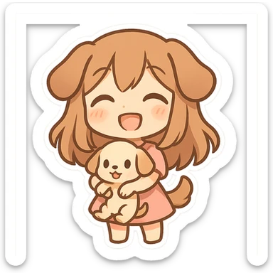 chibi stickers style dog girl holding a puppy, happy and friendly sticker