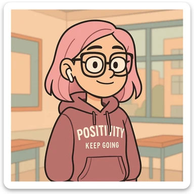 cute and modern digital avatar of a teenage girl with pastel pink dyed hair, oversized glasses, stylish hoodie with English phrases, wireless earbuds, confident and friendly expression, standing in front of a soft background with abstract classroom or city elements, clean 2D digital illustration, slightly cartoonish but polished, Instagram-style color palette sticker