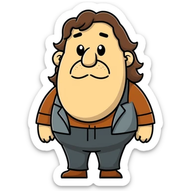 chubby man with brown wavy long hair and a big nose sticker