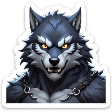 cinematic-noble-fierce-werewolf-portrait-emoji, poised-and-imposing, with a tall, slender yet muscular frame inspired by the brutal, imposing shape of the beast from Berserk, fur rippling in shades of midnight black and silver, eyes glowing with an intense, primal ferocity, reflecting the untamed power of the wild moonlit night; rendered with realism sticker