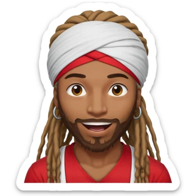 Brownskin man with long dreadlocks 
red t-shirt 
white turban 
in love eyes
his eyes mouth open  sticker