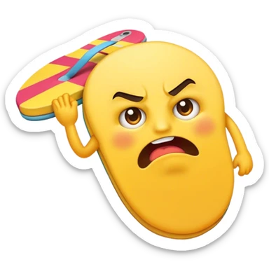 An angry yellow emoji holding a flip-flop in one hand, ready to smack, with furrowed brows and an intense glare. sticker