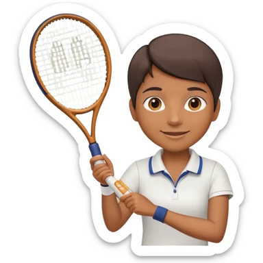 Chindian tennis coach, caramel brown skin, short straight hair, oval face, small eyes, smiling, holding a tennis racket sticker
