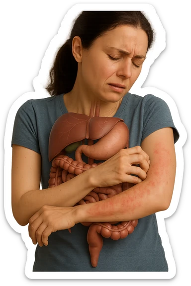 donna con intestino umano anatomico realistico che si gratta il braccio su cui ha un'eritema, iperrealistica 4k sticker