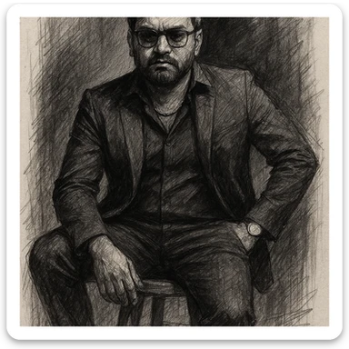 Create a dramatic black and white pencil sketch portrait of a confident looking man using the reference image for facial features. He is sitting on a wooden stool against a dark studio background, wearing a well-fitted, all-black suit with a black shirt and black pants, a golden chain at the neck, and a small silver watch. The shirt is slightly unbuttoned at the top. His posture is relaxed yet dominant, with one arm resting on his leg and the other in his pant pocket. The lighting is soft but directional, exuding a moody and powerful aura. sticker