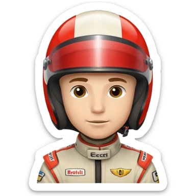 white male racer wearing helmet sticker