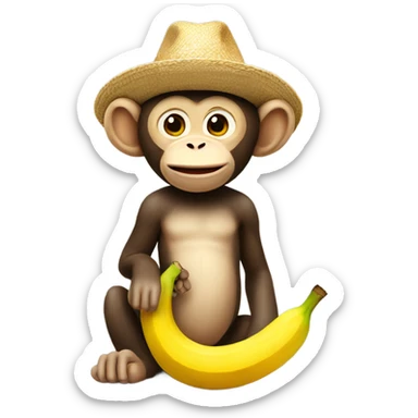 Monkey wearing a straw hat, holding a banana sticker