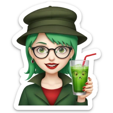 vampire green hair Drink holders with hat, wearing glasses, female,,teeth looks like vampire sticker