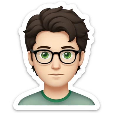 young man with pale skin, larger face, dark tall voluminous slightly wavy hair styled up high on head but not curly, wearing glasses with green eyes and very light stubble, with a slight smile sticker