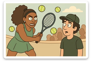 Serena Williams tennis Tennis balls a man black curly hair dark green a hat the people sticker