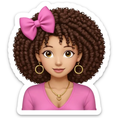 Naturally tan skin girl short darkBrown curly afropink shirt very long lashes hoop gold earrings Brown eyes gyaru smiling closed mouth cute bow hairclip small on the side. V neck pink shirt. Teenager bow on shirt, cleavage sticker