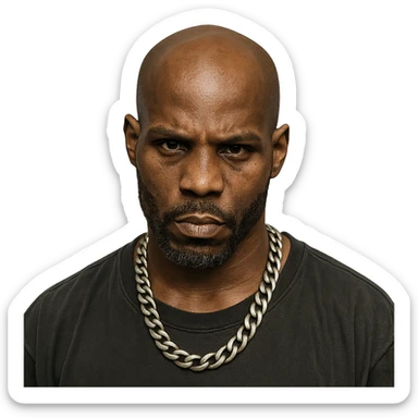 rapper DMX, bald, intense expression, chain necklace, goatee, hip hop style sticker