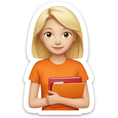 blonde girl in an orange t-shirt holding folders, smiling sticker