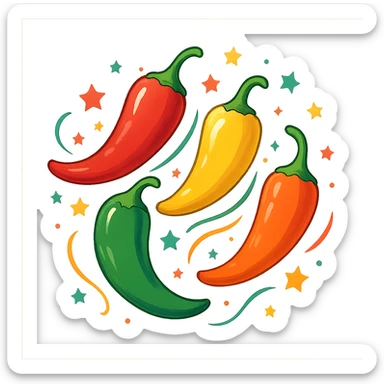 group of multicolored chili peppers with small stars flying around them, festive style sticker