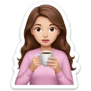 girl with wavy long brown hair, brown eyes, light to medium complexion, long lashes, light pink lipstick, wearing light pink shirt, sipping coffee sticker