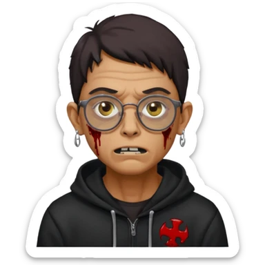 Chico moreno zombie, con gafas y sudadera negra, dos aretes en la oreja izquierda y dos en la derecha, ojeras en los ojos y sticker