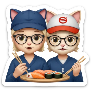 cute girl cat with glasses and a cute boy cat with a baseball cap eating sushi together sticker