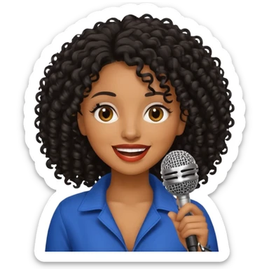 brown skin woman, curly black hair, singer, hold micro sticker