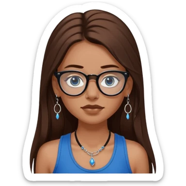 White girl with long brown hair, part going more to the RIGHT side, BLUE eyes, wearing BLACK plastic frame glasses. SEPTUM nose piercing hoop (at bottom of nose) AND stud nose piercing on right side of nose. Wearing BLACK tank top. No other jewelry sticker