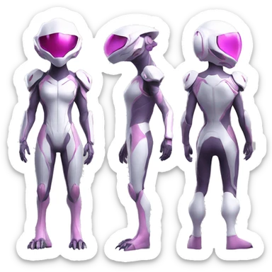 White Lizard-Reptile-Raptor-Alien-Genesect-Mewtwo-Fakémon, with pink eyes, with a futuristic visor-helmet, wearing a techwear-suit, Full Body sticker
