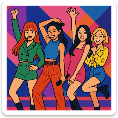 a kpop group, vibrant stage outfits, energetic pose, modern style sticker