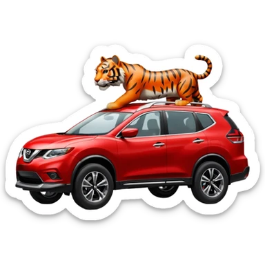 A Tiger driving inside a RED NISSAN ROGUE SUV sticker