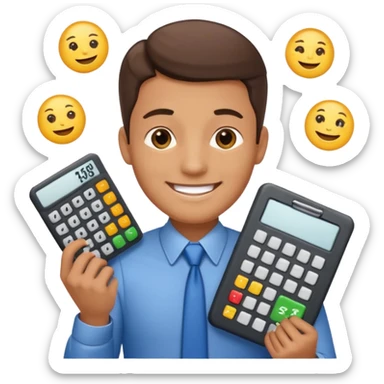male aUDITOR smiling with spreadsheet and a calculator, emoji, ADD A puzzle and a Balance for accounting sticker