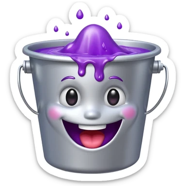 shiny silver bucket with purple slime, happy face only on the slime, no face on the bucket sticker