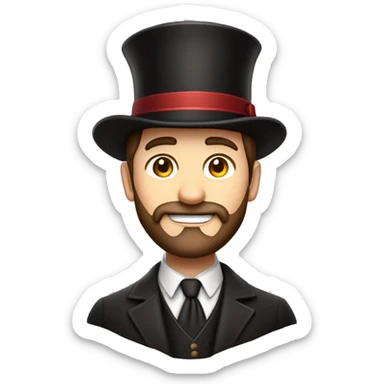 Emoji of a confident man with a neatly groomed beard and styled brown hair, wearing a magician's hat. Simple and expressive design with clean details, capturing charm and elegance. sticker