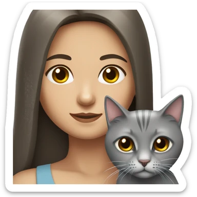 Brunette girl with straight long hair with braun eyes with grey cat sticker