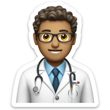 A doctor in a white coat and a syringe sticker