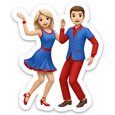 Two people dancing wearing bue and red sticker