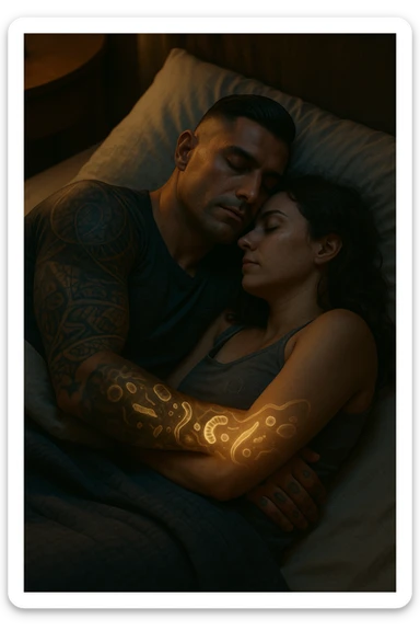 A hyper-realistic, cinematic image of a man and a woman sleeping together in the same bed under soft, dim night lighting, with their bodies close and touching. Their skin appears slightly illuminated where it touches, and under a subtle x-ray style overlay, faint ghostly silhouettes of microscopic parasites and worm-like organisms are visible crawling transdermally between their bodies, symbolizing silent, unnoticed parasite transmission during sleep. The environment is a cozy bedroom with warm tones, but the presence of the glowing parasites creates a slightly unsettling feeling, emphasizing the hidden danger. Their faces are calm, unaware, symbolizing the unconscious nature of the transmission. The image is detailed with a 35mm film hyperrealistic aesthetic, focusing sharply on the point of contact between their skin where the parasites pass, while the background remains softly blurred. The color palette uses muted warm browns and soft moonlight blues to maintain a nighttime, intimate feeling, contrasting with the translucent, glowing parasites to illustrate the hidden risk of transdermal parasite transmission while sharing a bed sticker