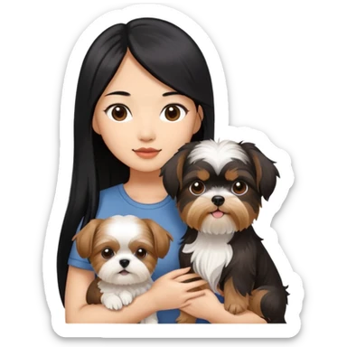 A beautiful Asian girl with long black hair is holding a Yorkshire Terrier. She is standing next to her brown skinned boyfriend, who is holding a Shih Tzu. They are each holding one dog each sticker