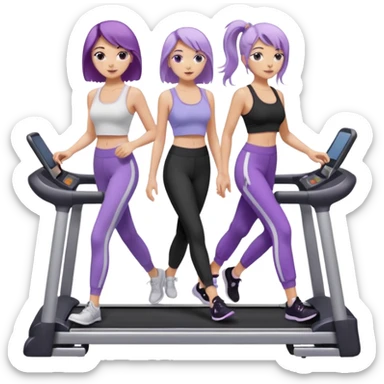 две белокожие девушки ходят по беговым дорожкам, одна брюнетка, вторая со светло-фиолетовыми волосами, брюнетка в белом топе на тонких лямках и в черных лосинах, вторая девушка в лиловом топе с бабочкой и в серых спортивных штанах sticker
