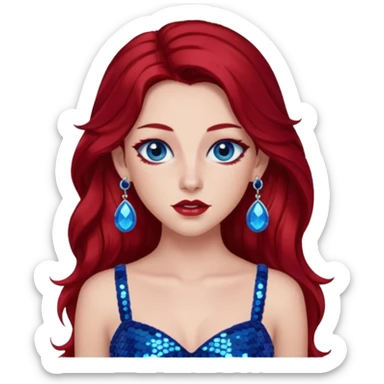Chappell Roan (b.1998) with long dark red hair, red sequin crop top, red earring, blue eye, makeup sticker